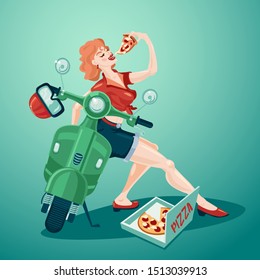 Pizza delivery. Pin up style young girl with scooter and pizza slice. Vintage vector illustration.