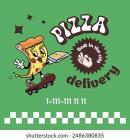 Pizza delivery poster design template. Trendy retro groovy mascot Pizza character. Best for restaurant flyers and brochures. Vector illustration.