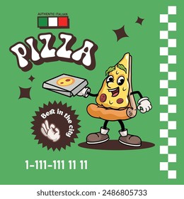 Pizza delivery poster design template. Trendy retro groovy mascot Pizza character. Best for restaurant flyers and brochures. Vector illustration.