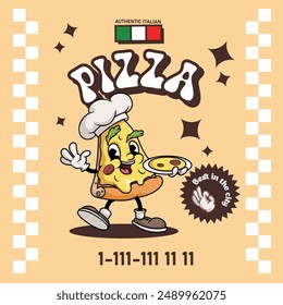 Pizza delivery poster design template. Trendy retro groovy mascot Pizza character. Best for restaurant flyers and brochures. Vector illustration.