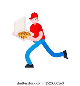 Pizza delivery run isolated. Man runs with pizza box. vector illustration