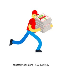Pizza delivery run isolated. Man runs with pizza box. vector illustration