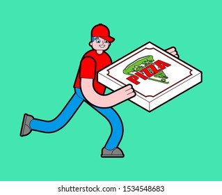 Pizza delivery run isolated. Man runs with pizza box. vector illustration