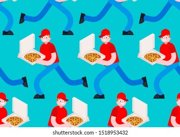 Pizza delivery run pattern seamless. Man runs with pizza box background. vector texture