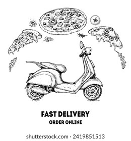 Pizza delivery scooter. Italian pizza. Italian food menu design template. Vintage hand drawn sketch, vector illustration. Engraved style illustration.