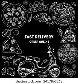 Motocicleta de entrega de pizza. La pizzería italiana y el marco de la vista de los ingredientes son los mejores. Plantilla de diseño de menú de comida italiana. Esbozo dibujado a mano vintage, ilustración vectorial. Ilustración de estilo de cartulina.