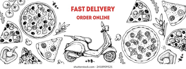 Pizza delivery scooter. Italian pizza and ingredients top view frame. Italian food menu design template. Vintage hand drawn sketch, vector illustration. Engraved style illustration.