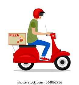 Pizza delivery, Pizza, scooter, a man on a scooter, delivery service. Flat design, vector illustration, vector.