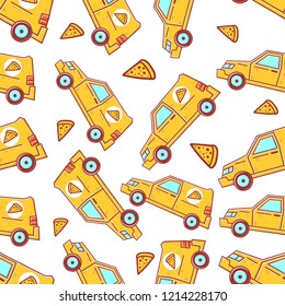 Pizza Delivery Seamless Pattern. Hand-Drawn Pizza Car Seamless Pattern. Cartoon Pizza Delivery Car seamless pattern on white background isolated. Stock Vector Illustration. Cartoon style. 