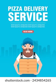 Pizza delivery service concept design flat banner with deliveryman pizza. Vector illustration