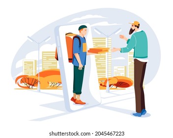 Concepto de servicio de entrega de pizza. Un tipo de entrega de un gran smartphone le da pizza al hombre de pedido. Calle de la ciudad. Ilustración de dibujos animados de color plano. Aislado sobre fondo blanco