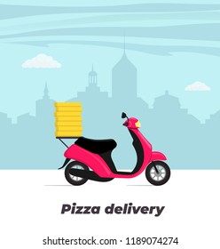 Pizza delivery service concept illustration. Motorbike with pizza boxes on the trunk. Big city on background. Vector flat illustration