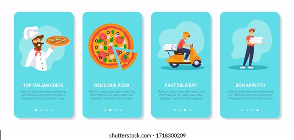 Pizza delivery service concept onboarding screens template. Banners with cartoon illustrations: cook, pizza, courier man on a scooter, deliveryman with boxes. For website or mobile app development. 