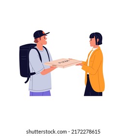 Pizza delivery service. Courier giving takeaway food in box, meal order to woman. Customer receiving delivered takeout fastfood from deliveryman. Flat vector illustration isolated on white background