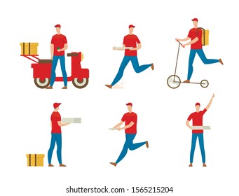 Pizza Delivery Service Courier at Work Trendy Flat Isolated Vectors Set. Fast Food Restaurant or Cafe Deliveryman in Uniform Hurrying, Running with Box, Riding Scooter, Delivering Order Illustrations