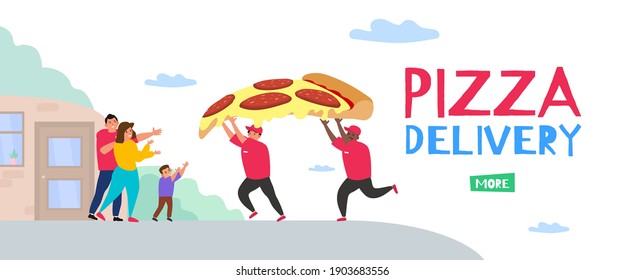 pizza delivery service couriers carrying big pepperoni slice to family near their house. vector illustration