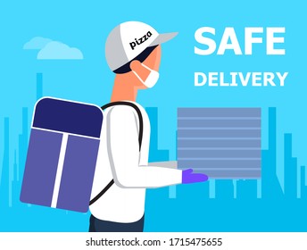 Pizza delivery service door to door. Contactless delivery during corona-virus epidemic. Man is carrying boxes with fast food. Pizza courier is wearing a medical mask and gloves.