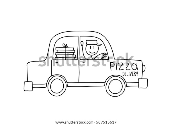 Pizza delivery service.\
Drawn man delivers pizza by car. Black and white cartoon vector\
illustrations.
