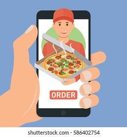 Servicio de entrega de pizza. Compra pizza electrónica usando un smartphone