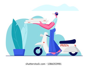 Pizza Delivery Service, Fast Moped Order Shipping. Cute Guy in Cap Carry Pile of Pizza Boxes in Hands to Address. Scooter Standing Behind on Landscape View Background. Cartoon Flat Vector Illustration