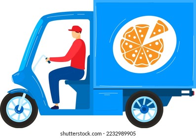 Pizza delivery service, food transportation at man business job, vector illustration. Courier male character at cargo truck, fast box freight delivery
