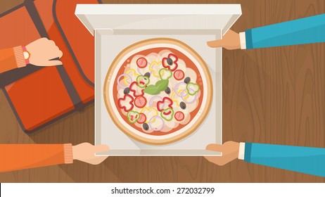 Pizza Delivery Service At Home With Delivery Guy Hading A Box With Pizza To A Customer And Holding A Pizza Bag, Hands Top View