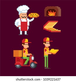 Pizza delivery service icon set. Pixel art. Old school computer graphic style. 8 bit video game. game element.