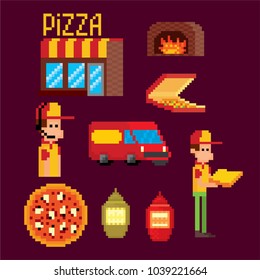 Pizza delivery service icon set. Pixel art. Old school computer graphic style. 8 bit video game. game element.