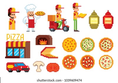 Pizza delivery service icon set. Pixel art. Old school computer graphic style. 8 bit video game. game element.