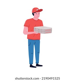 Pizza Delivery Service Man in Red Cap Holding Cardboard Box Vector Illustration