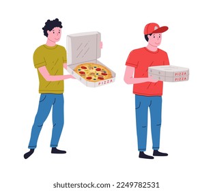 Pizza Delivery Service Man in Red Cap Holding Cardboard Box Vector Set