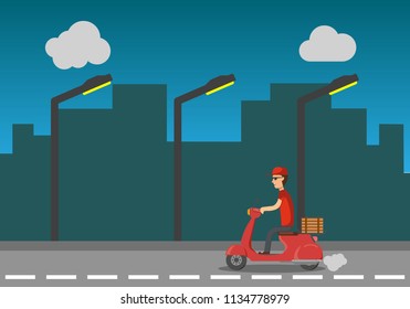 Pizza Delivery Service At Night. The Guy On A Scoop Delivers A Pizza. The Boy Quickly And Free Of Charge Delivers Food On A Scooter. Vector Illustration