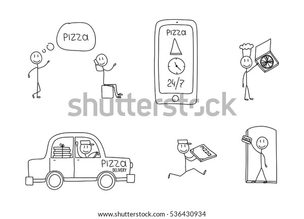 Pizza delivery service, online pizza order. Drawn\
man delivers pizza by car. Black and white cartoone vector\
illustrations. Pizza 24\
hours.
