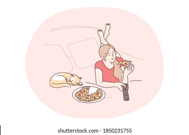 Pizza delivery service, relax in bed with movie and pizza concept. Young girl cartoon character staying in bed, watching television and eating delivered pizza at home with sleeping cat nearby