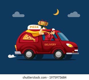 Pizza Delivery Service Shipping To Customer, Night Scene Concept, Cartoon Illustration Vector