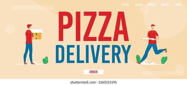 Pizza Delivery Service Trendy Flat Vector Horizontal Web Banner, Landing Page Template with Fast Food Restaurant Deliveryman, Courier Running, Hurrying While Delivering Pizza Order Illustration