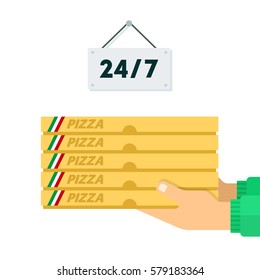 Pizza delivery service twenty-four hours vector flat material design isolated on white