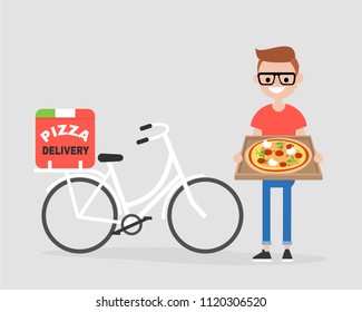 Pizza delivery service. Young courier holding the box with Margarita. Bike. Flat editable vector illustration, clip art