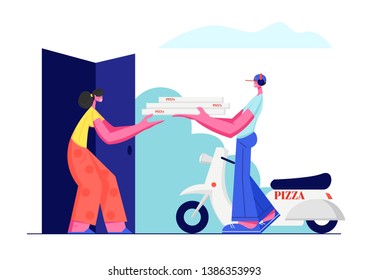 Pizza Delivery Service. Young Male Courier Character Bring Order to Customer Stand near Scooter and Give Pile of Pizza Boxes to Smiling Woman, Purchase Transportation Cartoon Flat Vector Illustration