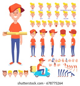 Pizza delivery set with delivery bike and courier. Character creation set with various views, hairstyles, face emotions, lip sync and poses. Parts of body template for design work and animation.