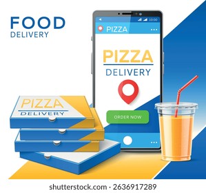 Pizza delivery. Smartphone with order button. Cardboard boxes and drink in cup. Phone screen. Logistic application display. Food shipping. 3D mobile device or pizzeria meal. Vector cafe banner design