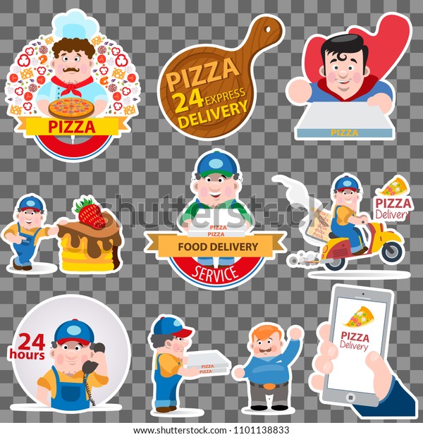Pizza delivery sticker set with car, scooter,\
mobile phone and courier isolated on grey background. Vector\
cartoon illustration with\
lettering