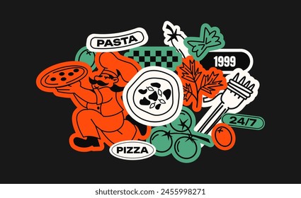 Pizza delivery stickers, fast food restaurant in retro 90s style. Cartoon tags, labels, courier delivery patches. Italian food, design doodle elements for restaurant and cafe