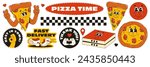 A pizza delivery theme set in the trending retro groovy style. Pizza character, stickers with words of thanks to the customer and fast delivery.