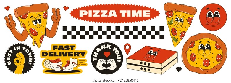 A pizza delivery theme set in the trending retro groovy style. Pizza character, stickers with words of thanks to the customer and fast delivery.