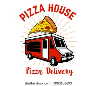 Pizza delivery track. Design element for logo, label, emblem, sign. Vector image