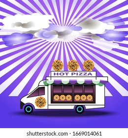 Pizza delivery. Pizza truck advertisement. Wagon delivery service. Clouds and sun rays. Abstract white and violet background. Food truck. Vector design for festival, menu, food brochure, street food.