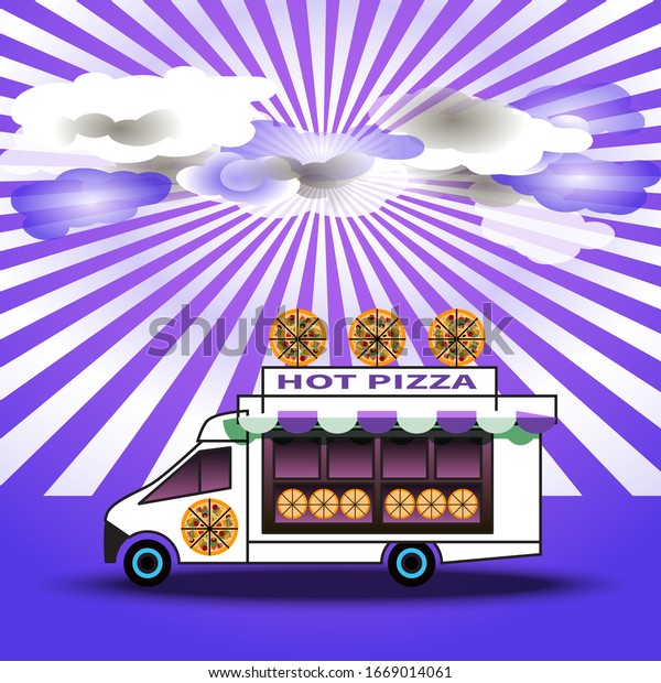 Pizza delivery. Pizza truck advertisement. Wagon\
delivery service. Clouds and sun rays. Abstract white and violet\
background. Food truck. Vector design for festival, menu, food\
brochure, street food.