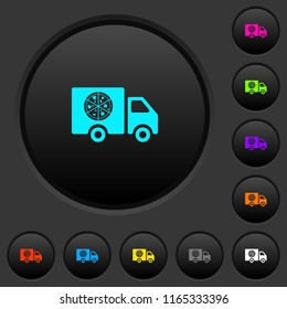 Pizza delivery truck dark push buttons with vivid color icons on dark grey background
