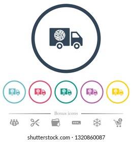 Pizza delivery truck flat color icons in round outlines. 6 bonus icons included.